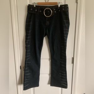 Vintage Dark Bootcut Jeans with Belt, Stripe Detail